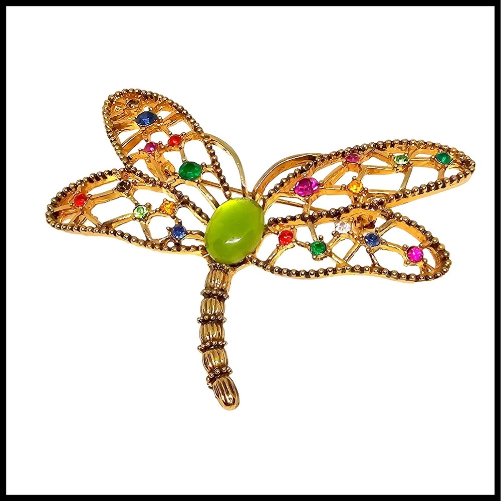 Vintage Dragonfly Openwork Multi Color Rhinestones Cabochon Brooch Pin‎ Jewelry